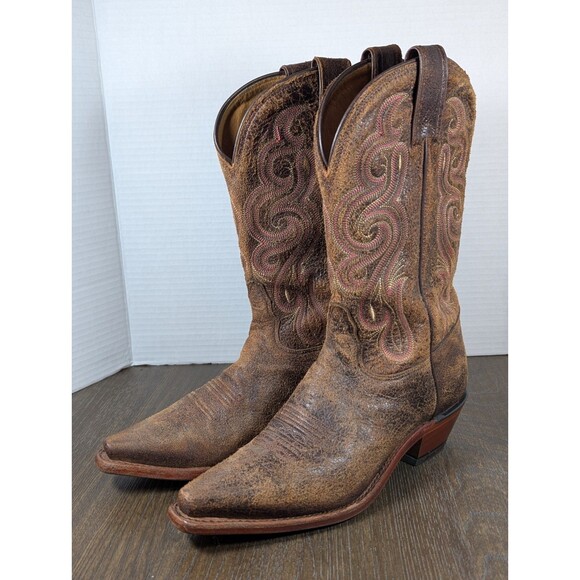 TONY LAMA Distressed Leather Western Boots Womens 6.5 B Brown Embroidered - Picture 1 of 15